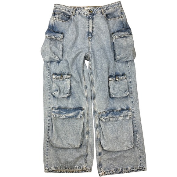 Forever 21 Premium Denim Cargo Pants Wide Leg Pockets Light Wash‎ Jean Size 10 - Picture 1 of 13